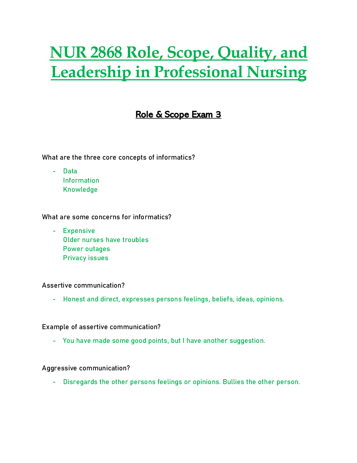 NUR 2868 / NUR2868 Exam 3 Updated: Role, Scope, Quality & Leadership in Professional Nursing - Rasmussen